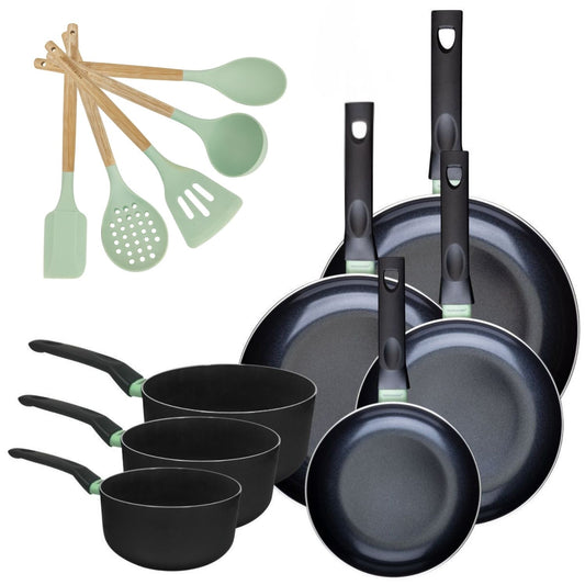Set de 4 poêles 20 24 28 et 30 cm et 3 casseroles 16, 18 et 20 cm antiadhésives céramique et 5 ustensiles Fackelmann Brandao