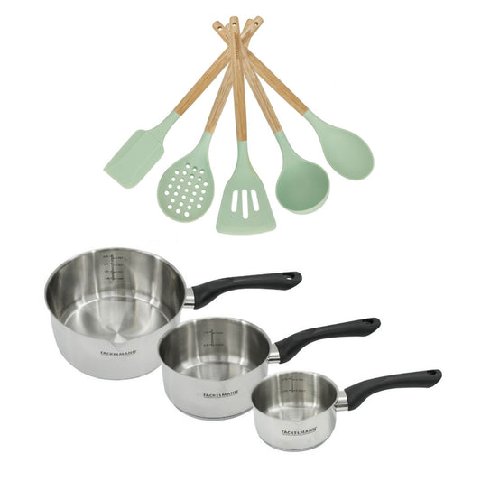 Lot de 3 casseroles en inox 12/16/20 cm Fackelmann Geneva avec 5 ustensiles de cuisine