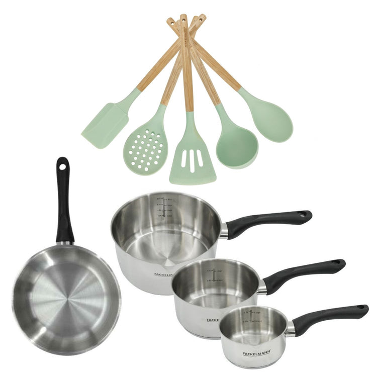 Batterie de cuisine avec 3 casseroles 12/16/20 cm et 1 poêle 24 cm avec 5 ustensiles de cuisine sans PFAS Fackelmann Généva Océan