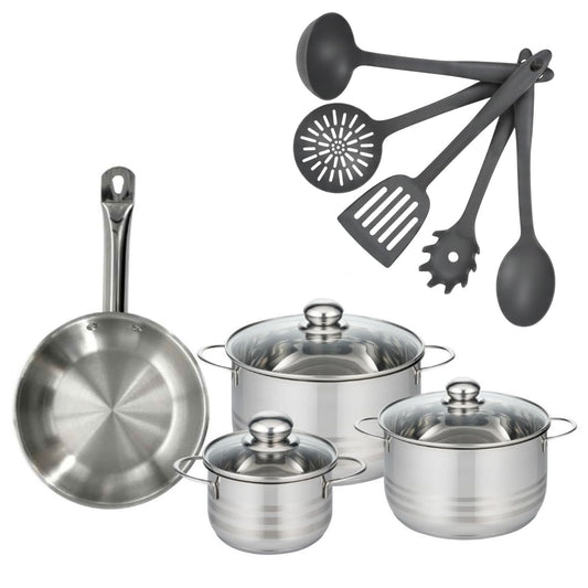 Set poêle 24 cm en inox, 3 faitouts inox 16, 20 et 24 cm et 5 ustensiles Fackelmann Eterna