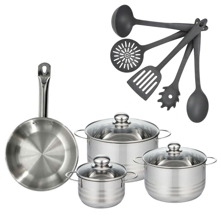 Set poêle 24 cm en inox, 3 faitouts inox 16, 20 et 24 cm et 5 ustensiles Fackelmann Eterna