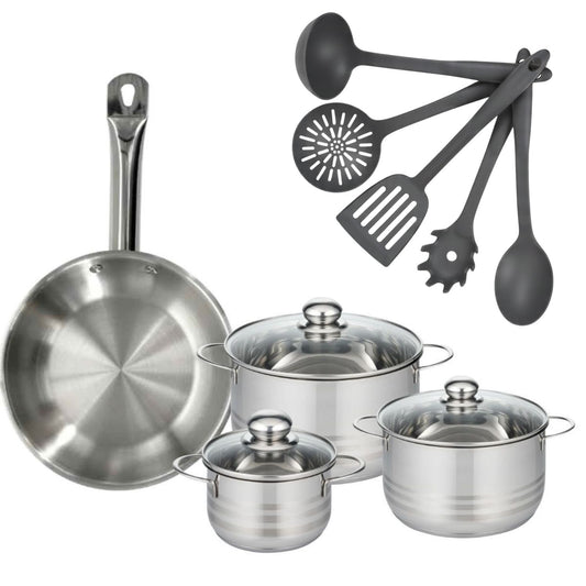 Set poêle 28 cm en inox, 3 faitouts inox 16, 20 et 24 cm et 5 ustensiles Fackelmann Eterna