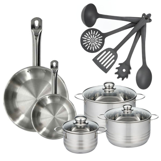 Set 2 poêles 20 et 28 cm en inox, 3 faitouts inox 16, 20 et 24 cm et 5 ustensiles Fackelmann Eterna