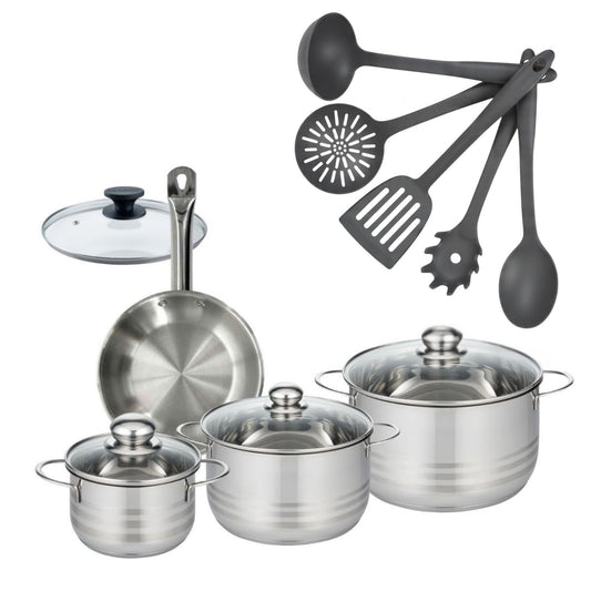 Batterie de cuisine avec 3 faitouts 16/20/24 cm 1 poêle 20 cm et 6 ustensiles de cuisine sans PFAS Fackelmann Etherna Brillant Clip avec couvercles