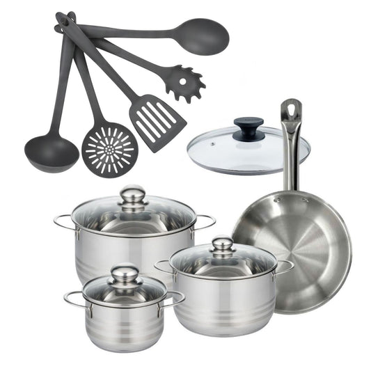 Set poêle 24 cm en inox et couvercle, 3 faitouts inox 16, 20 et 24 cm et 5 ustensiles Fackelmann Eterna