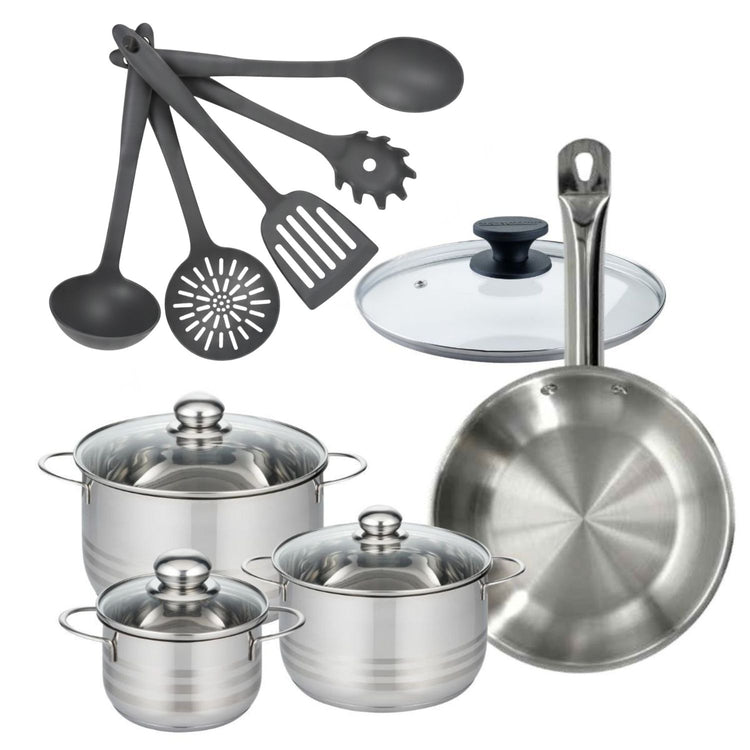 Lot Faitouts 16/20/24 cm et Poêle 28 cm avec couvercle en inox sans PFAS Fackelmann Etherna avec 5 ustensiles