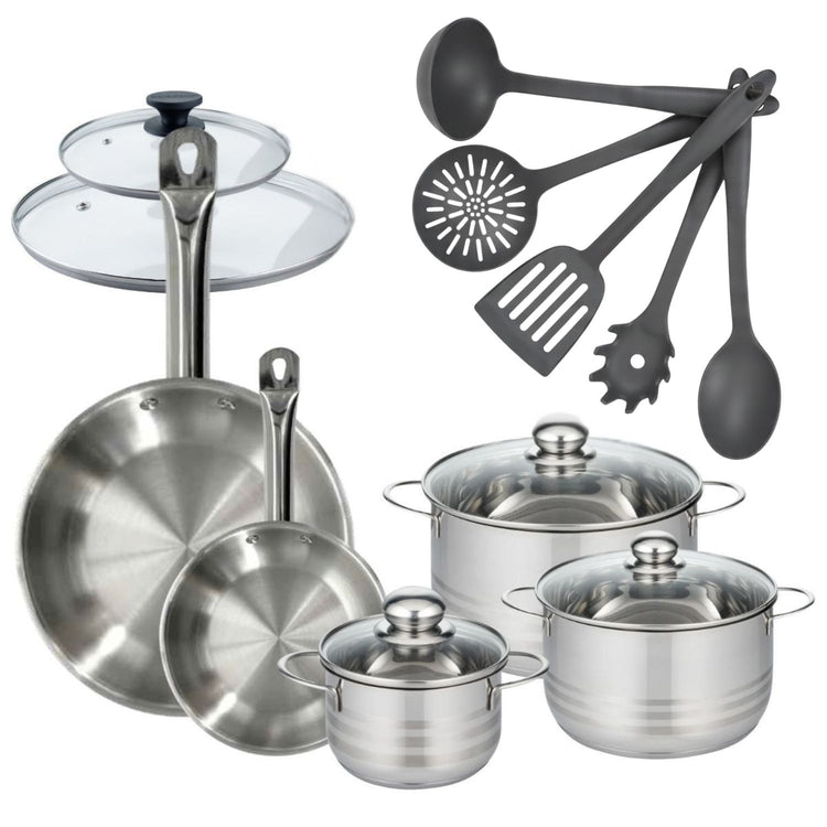 Lot 2 Poêles 20/28 cm avec couvercles et 3 Faitouts 16/20/24 cm Fackelmann Etherna avec 5 ustensiles Clip