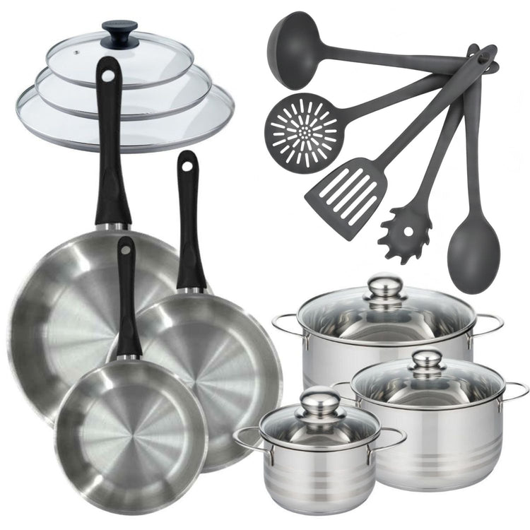 Lot de 3 Faitouts 16/20/24cm et 3 Poêles 20/24/28 cm en inox Fackelmann Généva avec couvercles et 5 ustensiles