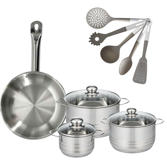 Lot Poêle 28cm Fackelmann Eterna & 3 Faitouts 16/20/24 cm avec 5 ustensiles