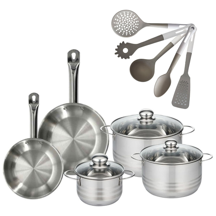 Batterie de cuisine avec 3 faitouts 16/20/24 cm et 2 poêles 20/24 cm et 5 ustensiles de cuisine Fackelmann Etherna Brillant Vario