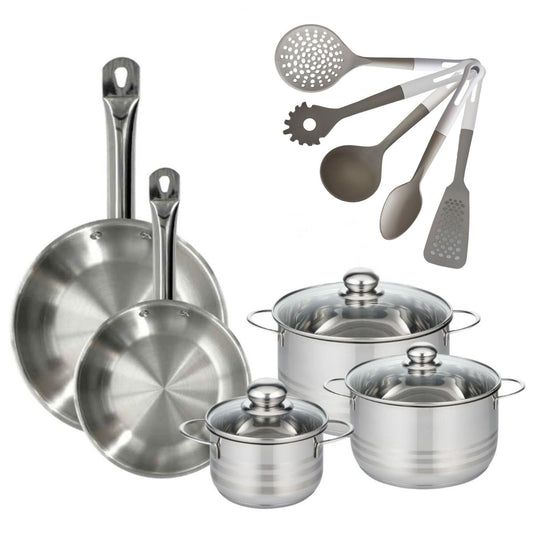 Batterie de cuisine avec 3 faitouts 16/20/24 cm et 2 poêles 24/28 cm avec 5 ustensiles de cuisine sans PFAS Fackelmann Etherna Brillant Vario