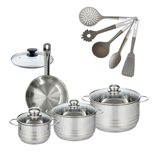 Batterie de cuisine avec 3 faitouts 16/20/24 cm et 1 poêle 20 cm avec 6 ustensiles de cuisine Fackelmann Etherna Brillant Vario avec couvercles