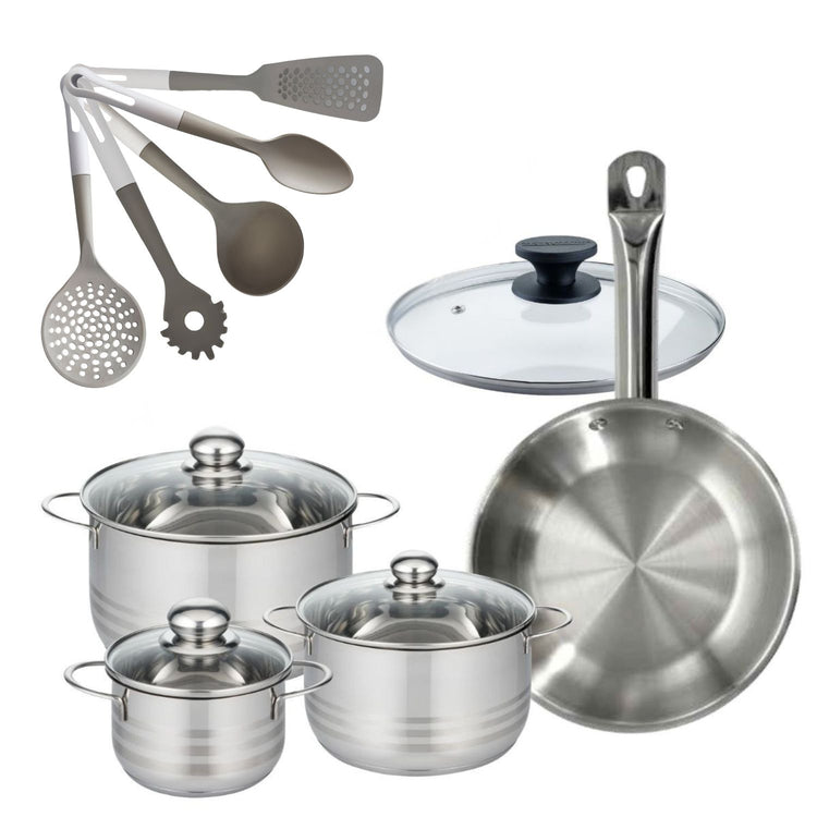 Lot Poêle 28cm Fackelmann Eterna & 3 Faitouts 16/20/24 cm avec 5 ustensiles