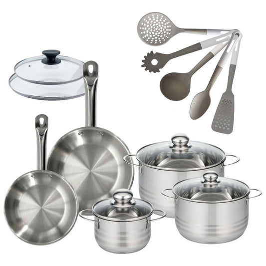 Batterie de cuisine avec 3 faitouts 16/20/24 cm et 2 poêles 20/24 cm avec 7 ustensiles de cuisine Fackelmann Etherna Brillant Vario avec couvercles