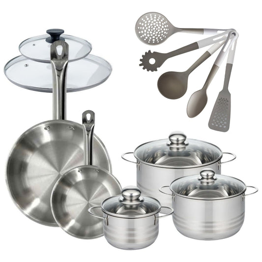 Batterie de cuisine avec 3 faitouts 16/20/24 cm et 2 poêles 20/28 cm avec 7 ustensiles de cuisine Fackelmann Etherna Brillant Vario avec couvercles