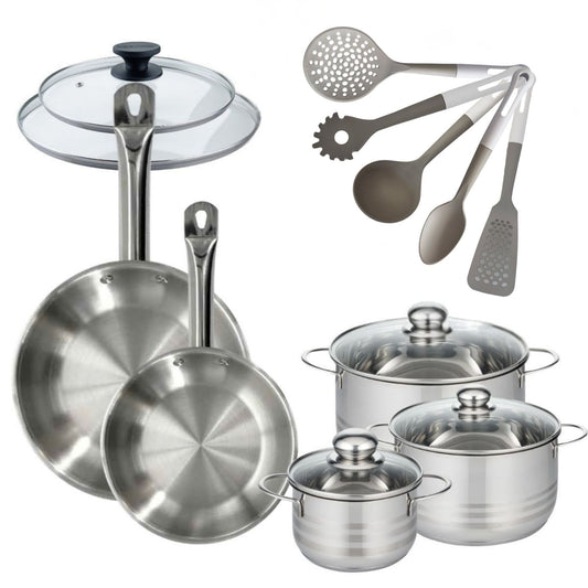 Batterie de cuisine avec 3 faitouts 16/20/24 cm et 2 poêles 24/28 cm avec 7 ustensiles de cuisine Fackelmann Etherna Brillant Vario avec couvercles