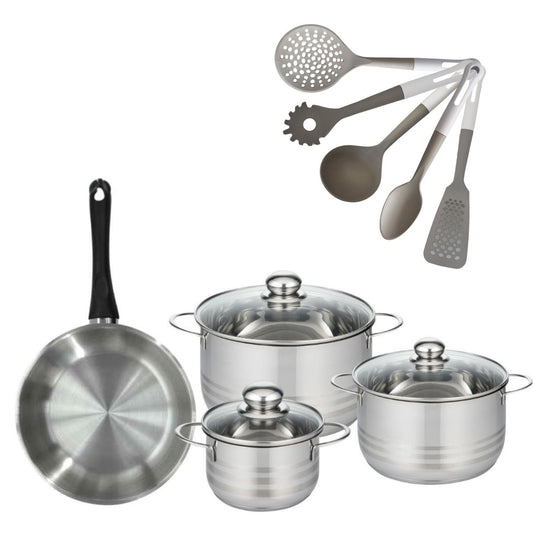 Batterie de cuisine avec 3 faitouts 16/20/24 cm et 1 poêle 24 cm avec 5 ustensiles de cuisine Fackelmann Généva Brillant Vario