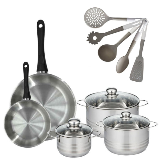 Batterie de cuisine avec 3 faitouts 16/20/24 cm et 2 poêles 20/28 cm avec 5 ustensiles de cuisine sans PFAS Fackelmann Généva Brillant Vario