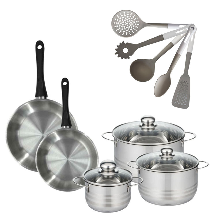 Batterie de cuisine avec 3 faitouts 16/20/24 cm et 2 poêles 24/28 cm et 5 ustensiles de cuisine Fackelmann Généva Brillant Vario