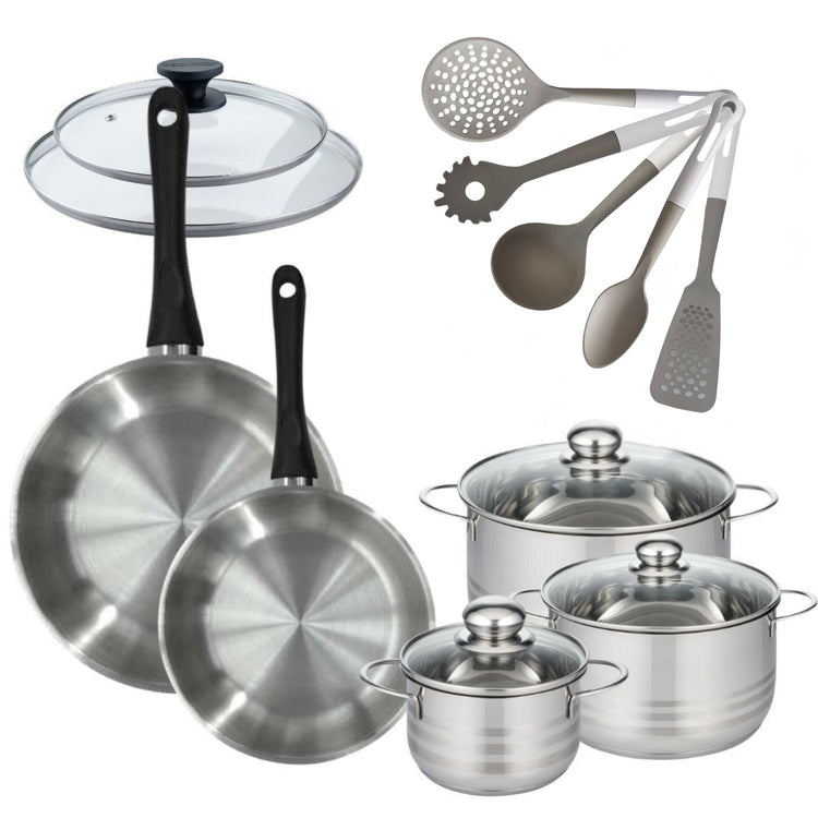 Set 2 poêles 24 28 cm avec couvercle, 3 faitouts 16, 20 et 24 cm en inox et 5 ustensiles Fackelmann Geneva