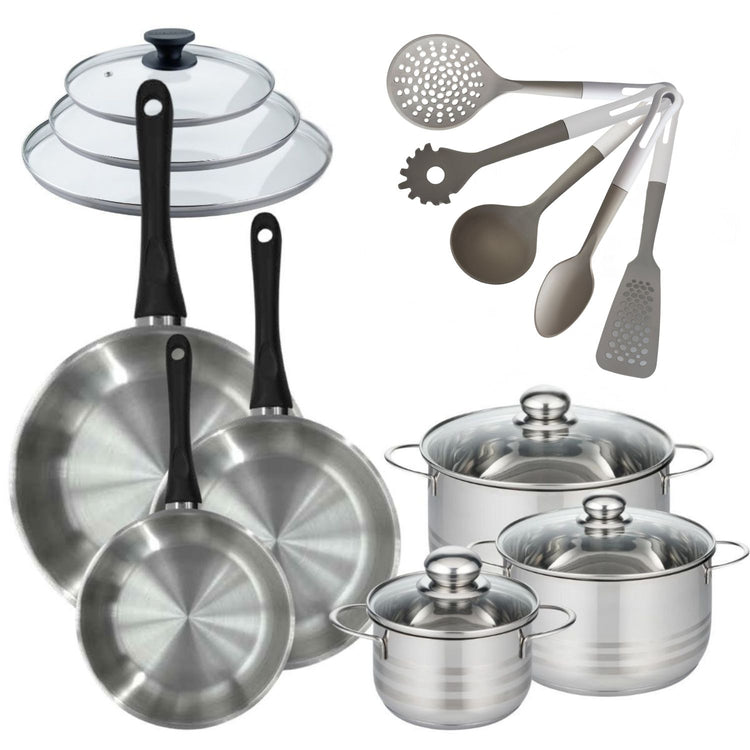 Lot Poêles 20/24/28 cm Fackelmann Geneva avec 3 Faitouts 16/20/24 cm et 5 Ustensiles