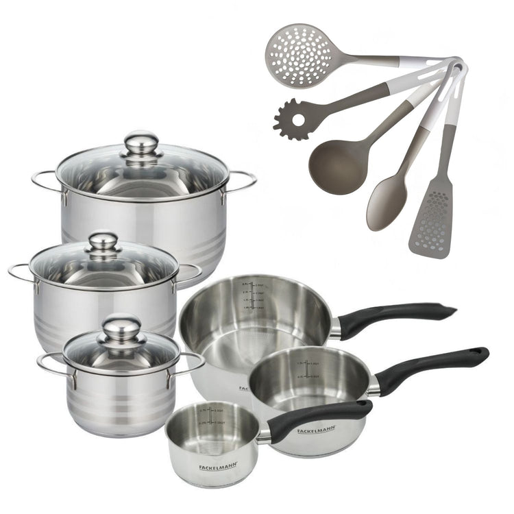 Lot 3 Faitouts 16/20/24 cm & 3 Casseroles 12/16/20 cm Fackelmann Geneva avec 5 Ustensiles