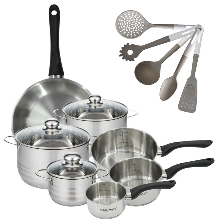Lot de 3 Faitouts 16/20/24 cm et 3 Casseroles 12/16/20 cm Fackelmann Geneva avec Poêle 28 cm et 5 Ustensiles