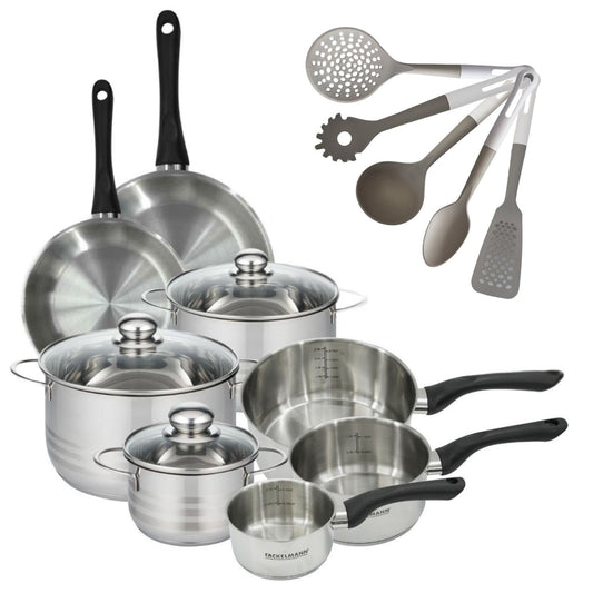 Batterie de cuisine avec 3 faitouts 16/20/24 cm et 3 casseroles 12/16/20 cm avec 5 ustensiles de cuisine sans PFAS Fackelmann Généva Brillant Vario