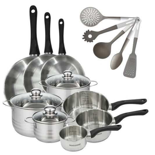 Lot Faitouts 16/20/24 cm & Casseroles 12/16/20 cm Fackelmann Geneva avec Poêles 20/24/28 cm et 5 Ustensiles