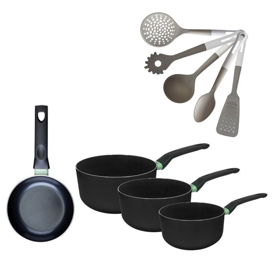 Poêle 16cm et 3 Casseroles 16/18/20cm sans PFAS Fackelmann Brandao avec 5 ustensiles