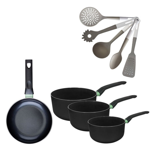 Batterie de cuisine avec 1 poêle 20 cm et 3 casseroles 16/18/20 cm sans PFAS et 5 ustensiles de cuisine Fackelmann Brandao Vario
