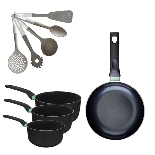 Lot Poêle 28cm et 3 Casseroles 16/18/20cm Fackelmann Brandao avec 5 ustensiles