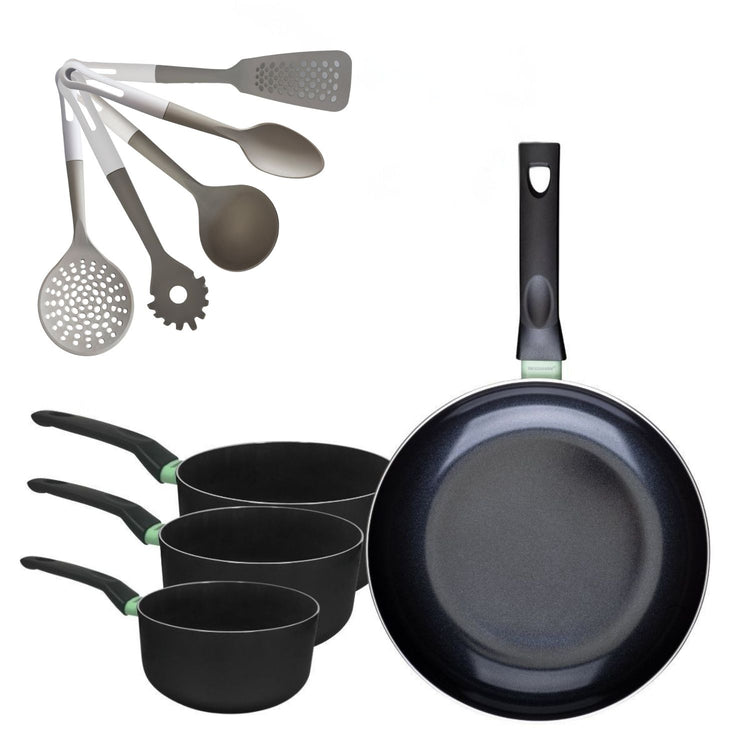 Lot Poêle 30 cm & 3 Casseroles 16/18/20 cm Fackelmann Brandao avec 5 Ustensiles de Cuisine