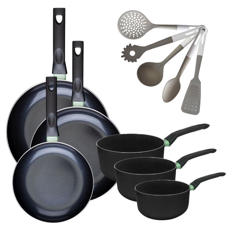 Lot de 3 Poêles 24/28/30 cm et 3 Casseroles 16/18/20 cm Fackelmann Brandao avec 5 ustensiles de cuisine