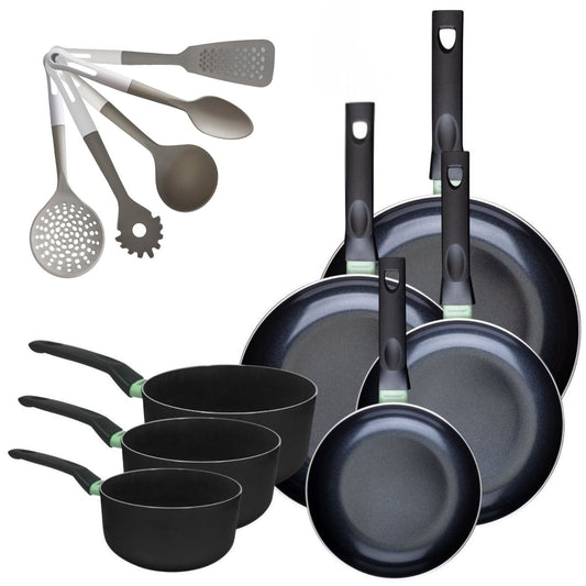 Lot de 4 poêles 20/24/28/30 cm et 3 casseroles 16/18/20 cm Fackelmann Brandao avec 5 ustensiles de cuisine