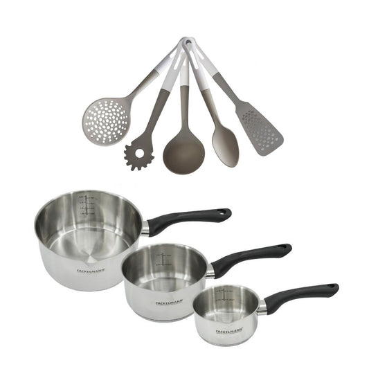 Batterie de cuisine avec 3 casseroles 12/16/20 cm en inox et 5 ustensiles de cuisine sans PFAS Fackelmann Généva Vario