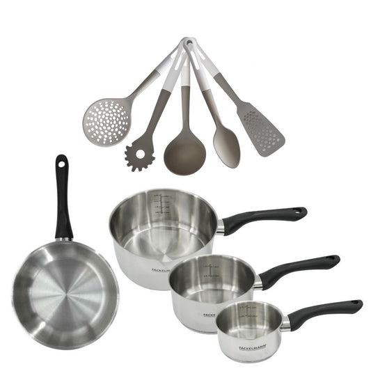 Lot de 3 casseroles inox 12/16/20 cm & 1 poêle 24 cm Fackelmann Geneva avec 5 ustensiles