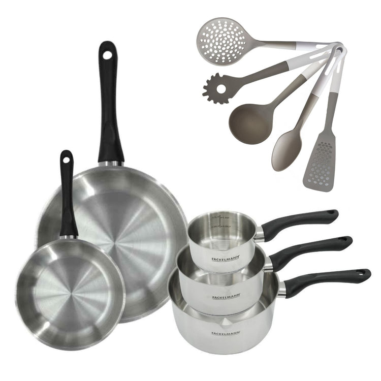 Batterie de cuisine avec 3 casseroles 12/16/20 cm et 2 poêles 20/28 cm et 5 ustensiles de cuisine Fackelmann Généva Vario