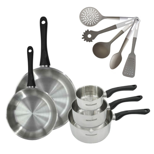 Lot Casseroles 12/16/20 cm et Poêles Inox 24/28 cm Fackelmann Geneva avec 5 ustensiles