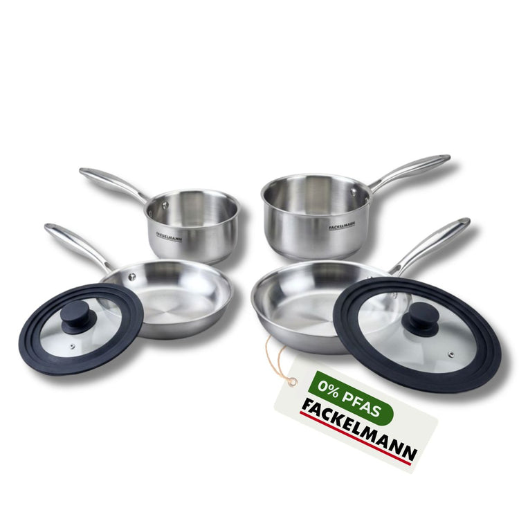 Batterie de cuisine avec 2 casseroles 14/18 cm et 2 poêles 20/24 cm avec 2 ustensiles de cuisine sans PFAS Fackelmann Vita3