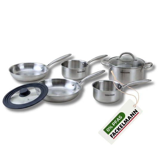 Batterie de cuisine avec 2 casseroles 16/18 cm et 1 faitout 20 cm avec 2 poêles 24/26 cm et 1 ustensiles de cuisine Fackelmann Vita3