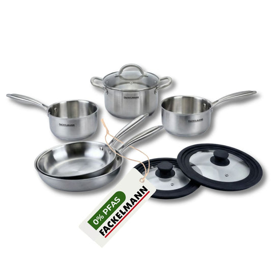 Batterie de cuisine avec 2 casseroles 14/18 cm 1 faitout 20 cm 2 poêles 24/26 cm et 2 ustensiles de cuisine sans PFAS Fackelmann Vita3