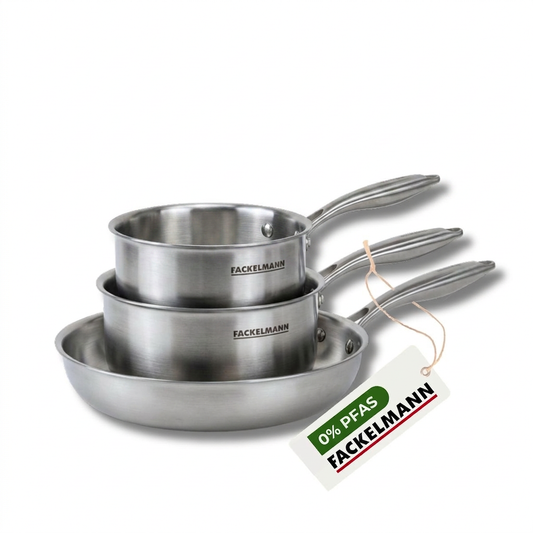 Batterie de cuisine avec 1 poêle de cuisson 26 cm et 2 casseroles 14/18 cm en inox sans PFAS Fackelmann Vita3