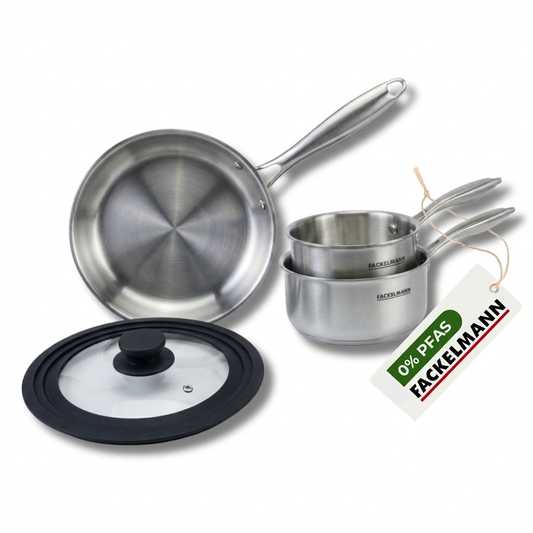 Batterie de cuisine avec 1 poêle 24 cm et 2 casseroles 14/16/18 cm avec 1 couvercle de cuisson universel Fackelmann Vita3