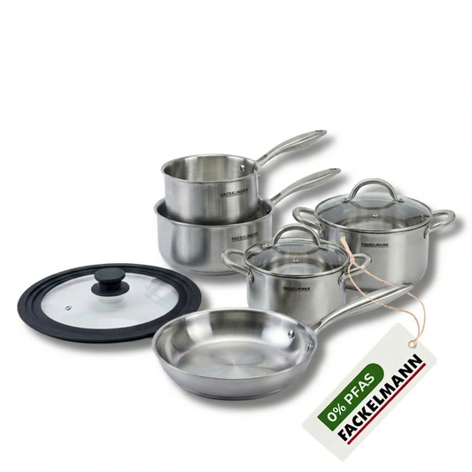 Batterie de cuisine avec 1 poêle 26 cm 3 casseroles 14/18 cm 2 faitouts 20/24 cm et 1 couvercle de cuisson universel sans PFAS Fackelmann Vita3