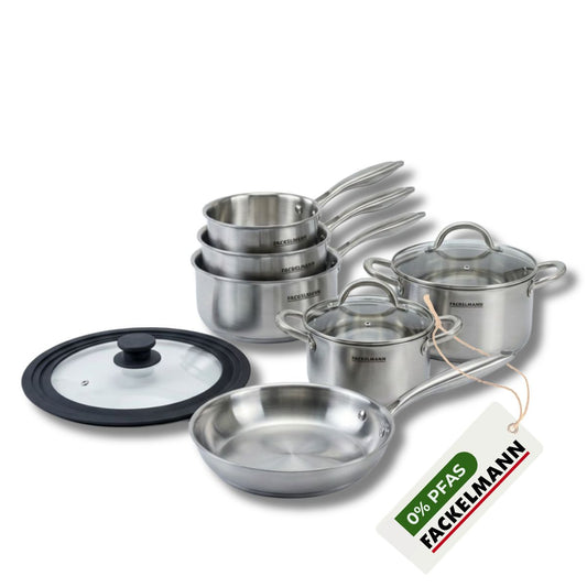 Poêle à Frire 28 cm, Casseroles 14 16 et 18 cm, Faitouts 20 24 cm inox 18/10 Triply et couvercle Fackelmann Vita3