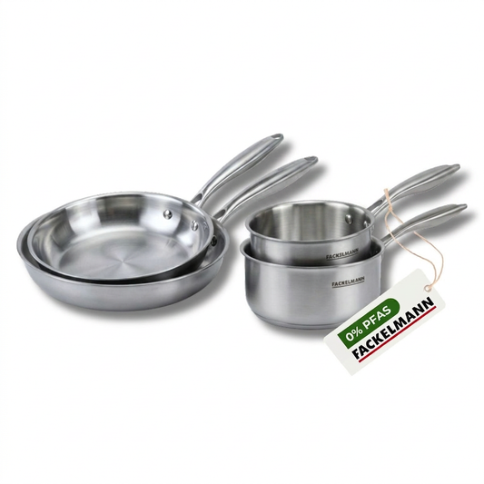 Batterie de cuisine avec 2 poêles 26/28 cm et 2 casseroles 14/18 cm en inox sans PFAS Fackelmann Vita3