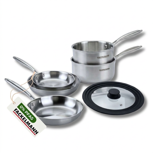 Batterie de cuisine avec 3 poêles 20/26/28 cm et 2 casseroles 14/18 cm avec 1 couvercle de cuisson universel sans PFAS Fackelmann Vita3