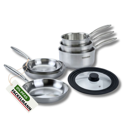 3 poêles à Frire 24 26 et 28 cm, Casseroles 14 16 et 18 cm inox 18/10 Triply et couvercle Fackelmann Vita3