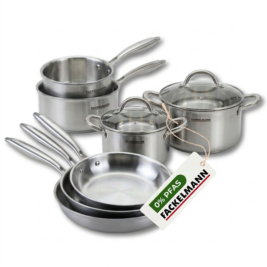 Batterie de cuisine avec 3 poêles 20/24/28 cm 2 casseroles 14/18 cm et 2 faitouts 20/24 cm en inox sans PFAS Fackelmann Vita3
